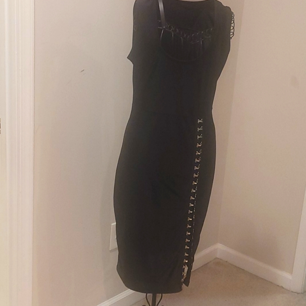 Black Scoop Midi Dress with Split and hook detail